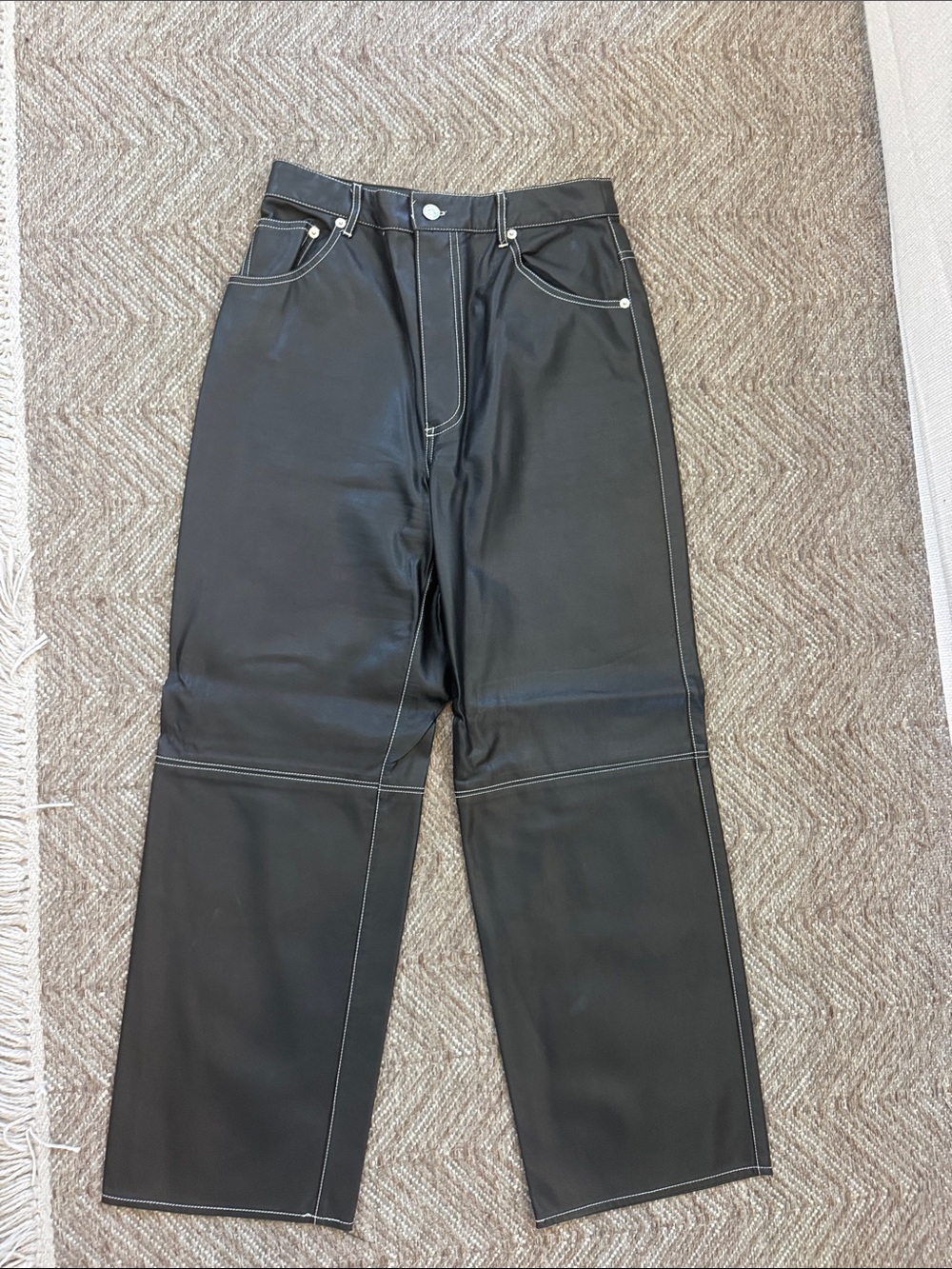 We The Free Black Faux Leather Wide-Leg Pants with Contrast Stitching